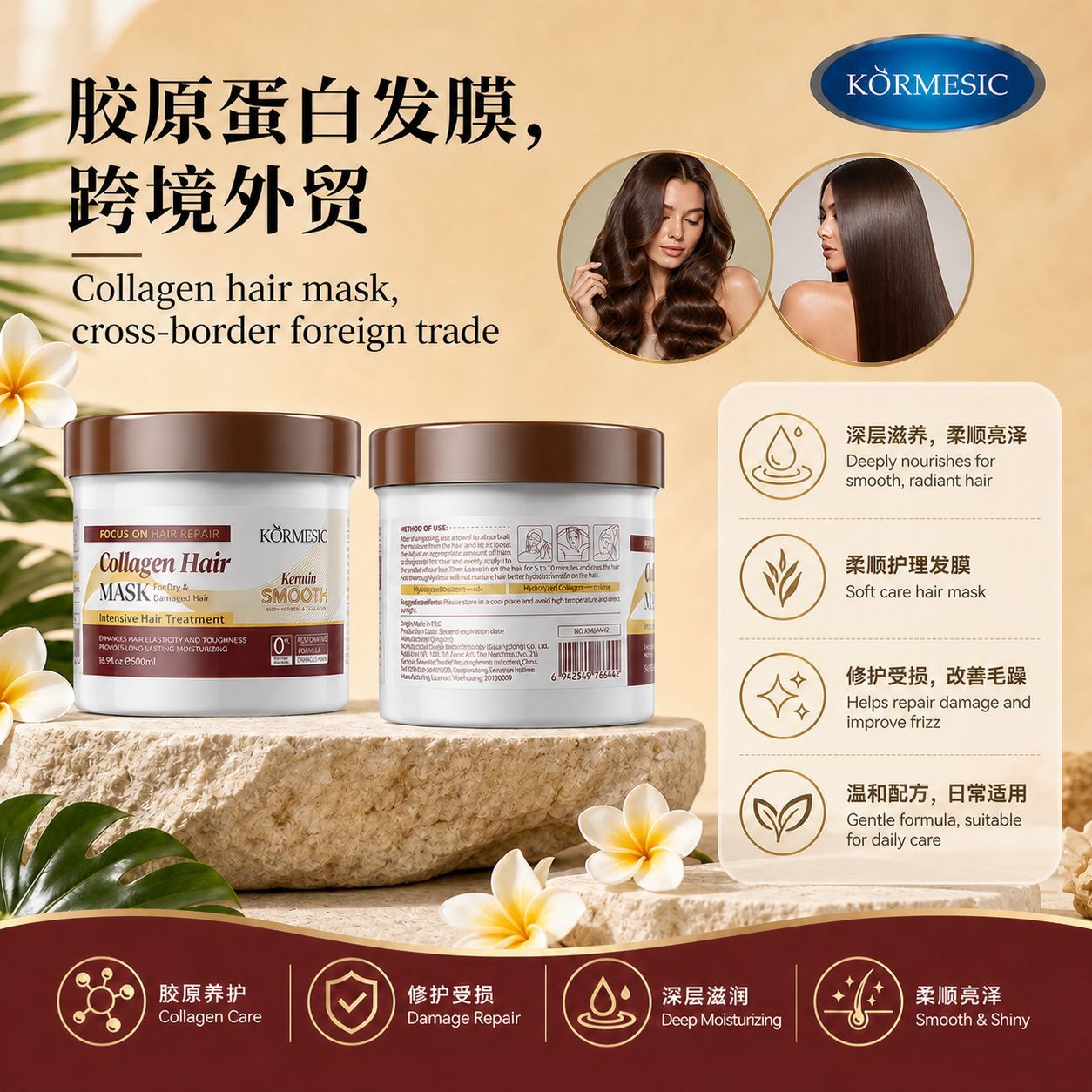 KORMESIC colágeno máscara de cabello máscara de cabello cuidado de cabello suave fábrica de comercio exterior al por mayor