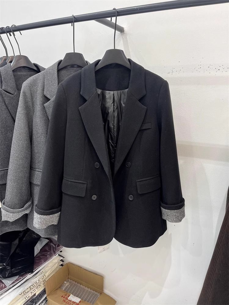 2025 New Korean Style Inner Cotton-Padded Blazer Down Jacket For Women Winter Small Size Rolled Sleeve Elegant Wool Coat_ecoleips.com