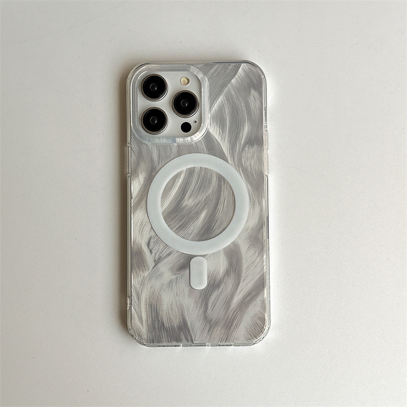 El brillo de hilo de plumas de plata magnético simple ins es adecuado para 14ProMax Apple 15 funda para teléfono móvil iPhone13/12 pareja