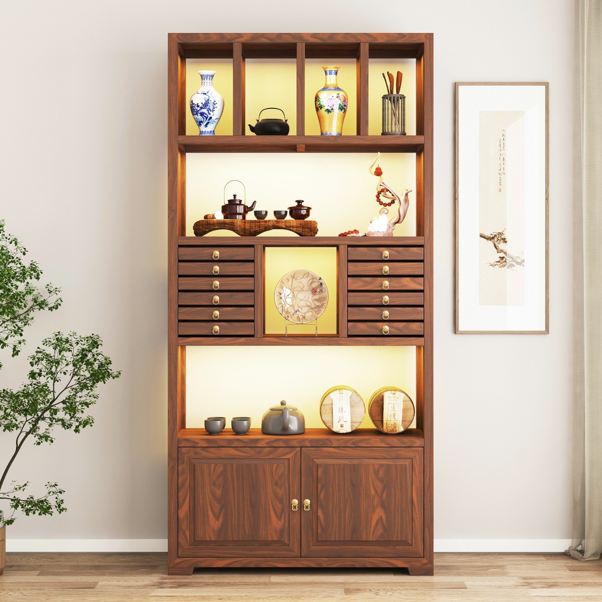 Tea Room Lattice Cabinet Tea Cake Cabinet Duoboge New Chinese Style Tea Cabinet Storage Rack Solid Wood Chinese Style Antique Tea Cabinet
