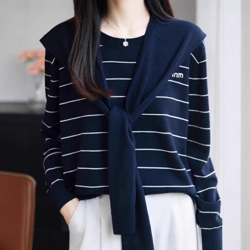 Shawl Stripesd Knitted Cardigan Jacket for Women 2025 New Autumn and Winter Outer Wear with Western Style Plus Size Women's Tops