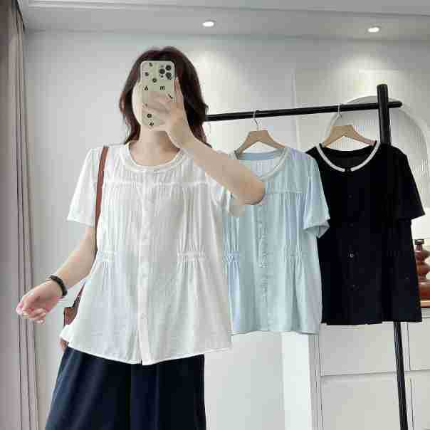 T81 Plus Size Women's Summer Clothes for Fat mm Slimming Look Versatile Round Neck Lace Elastic Waist Short-Sleeved Shirt Top 6687