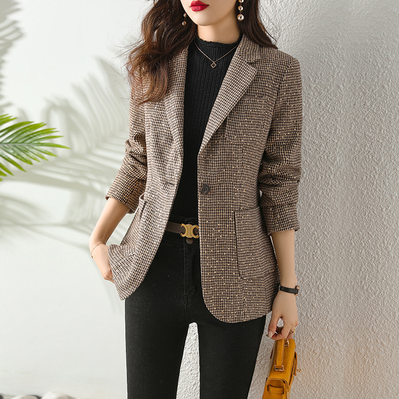 Seven Valley Niang Plaid Casual Suit Jacket Wool Spring and Autumn Casual Elegant All-match Slim-fit Little Man Suit Top
