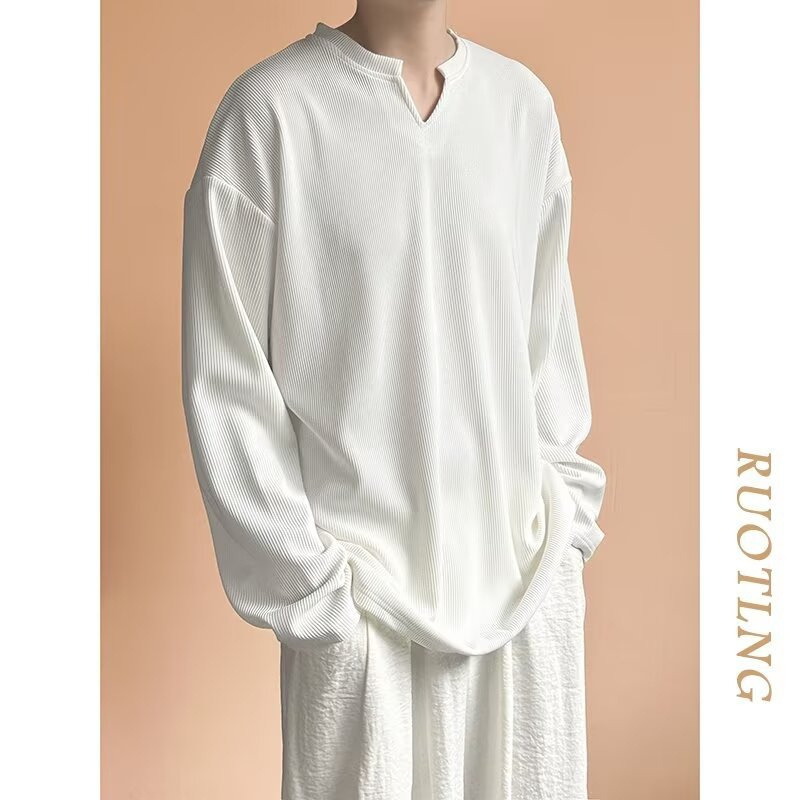 Notched Collar Long-sleeved T-shirt Men's Autumn Design Sense Pit Striped Top Solid Color Base Shirt Korean Style Loose