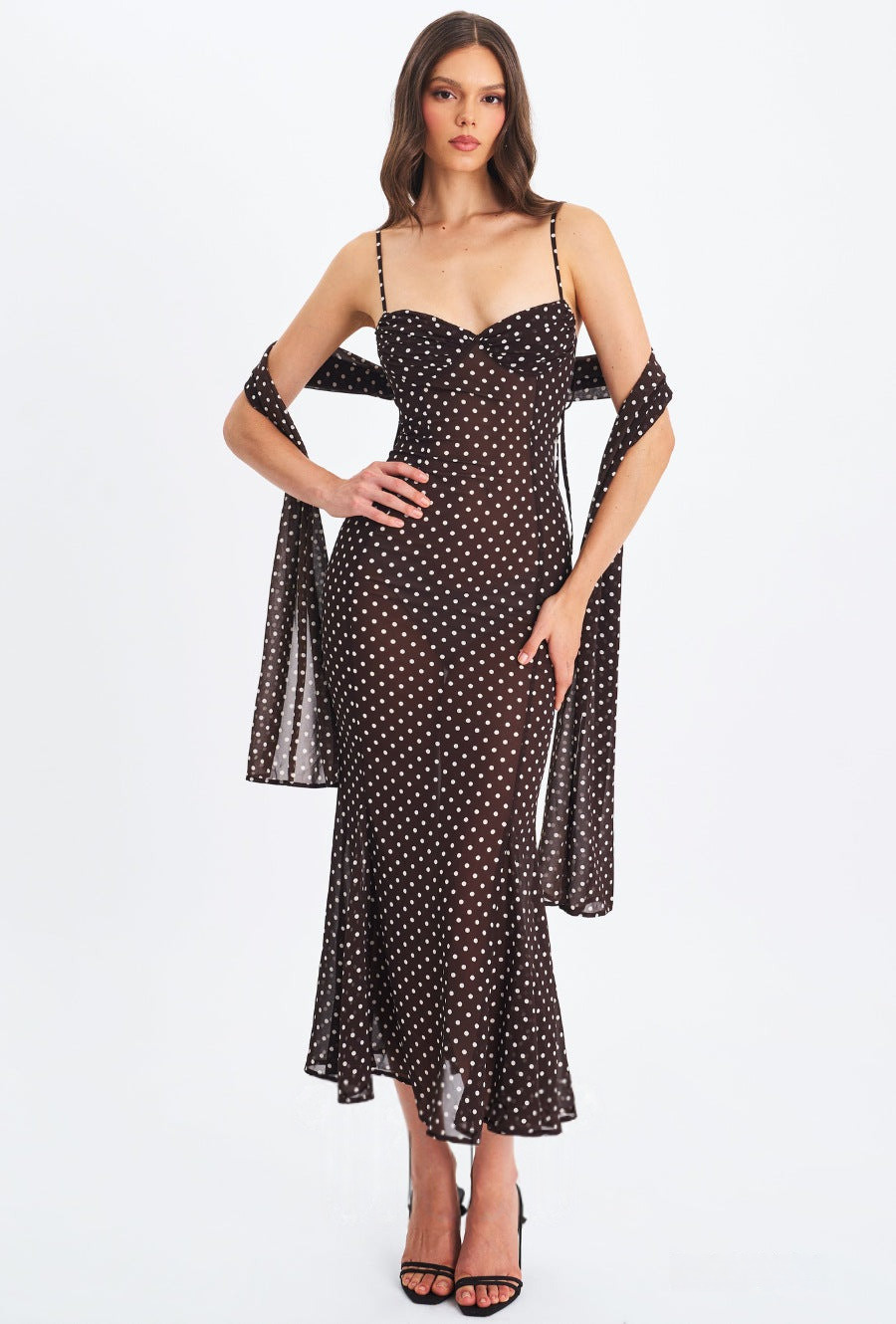 Women Elegant Spaghetti Strap Polka Dot Print Backless Dress Stylish Scarf Decor Slimming Party Vacation Dress_ecoleips.com