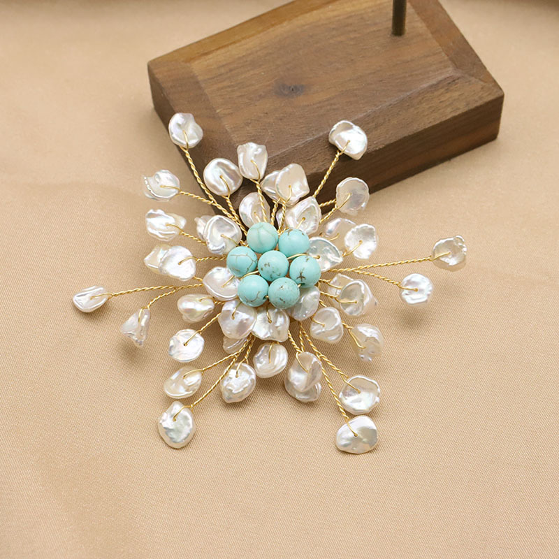 Perla natural barroca turquesa copo de nieve broche de Navidad de gama alta vintage ramillete joyería hecha a mano para mamá
