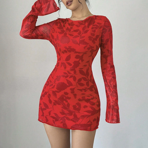 W229DS Western Autumn Round Neck Long Sleeve Sexy Leopard Print Belted Backless Short Dress
