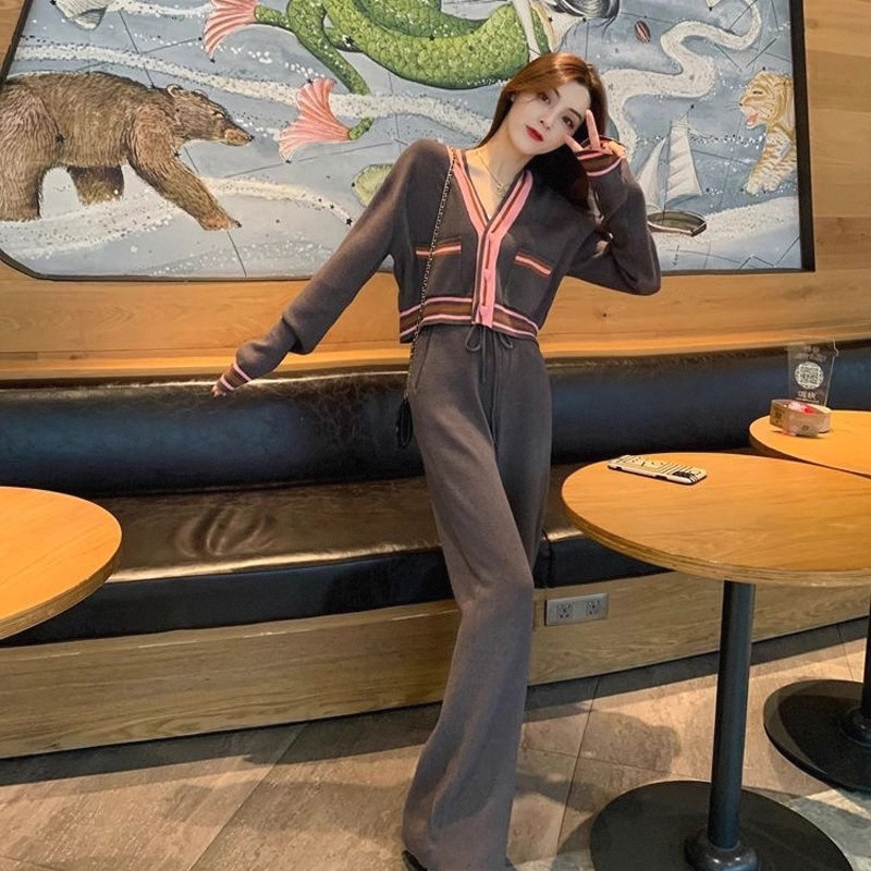 2025小香风套装女春秋季新款感小众设计拼接开衫阔腿裤两件套|undefined
