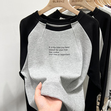 官图特价打底衫女春秋薄圆领插肩袖2024印花长袖t恤上衣大码女装