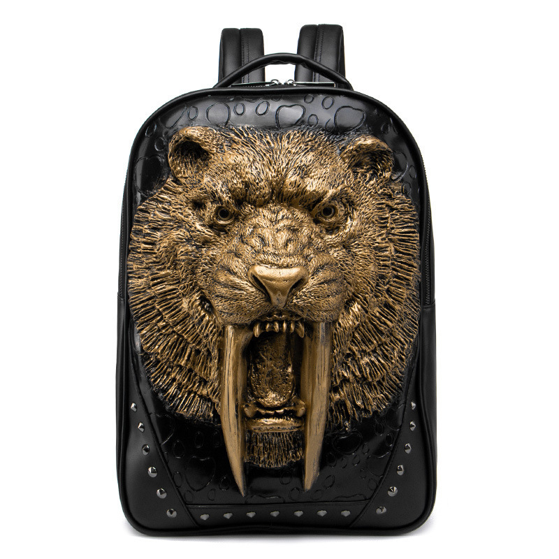 Street Trendy Men's Backpack High Quality Leather Animal Leopard Head Large Capacity Travel Backpack Computer Bag
