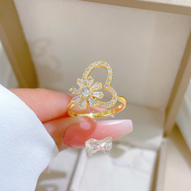 Rotating Flower Zircon Ring Personalized Adjustable Couple Ring_voghion.com