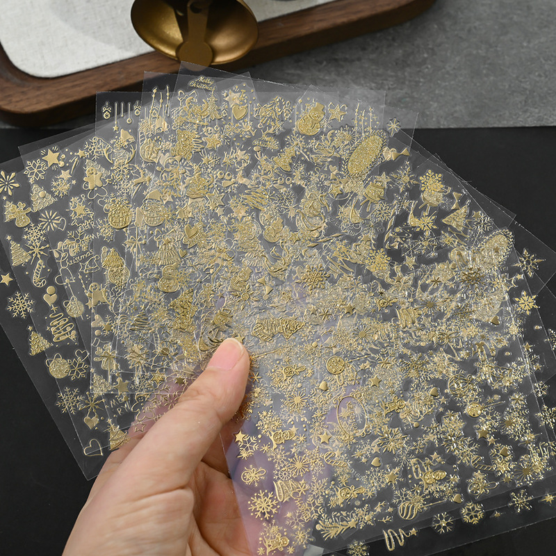 冬季12张圣诞节美甲贴纸轻奢烫金闪粉圣诞树雪人节日DIY手账贴纸|undefined