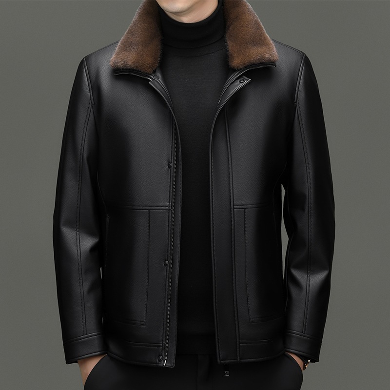Middle-aged and elderly men's fleece-lined, thickened leather jacket with detachable fur collar, suitable for winter warmth and versatile style.