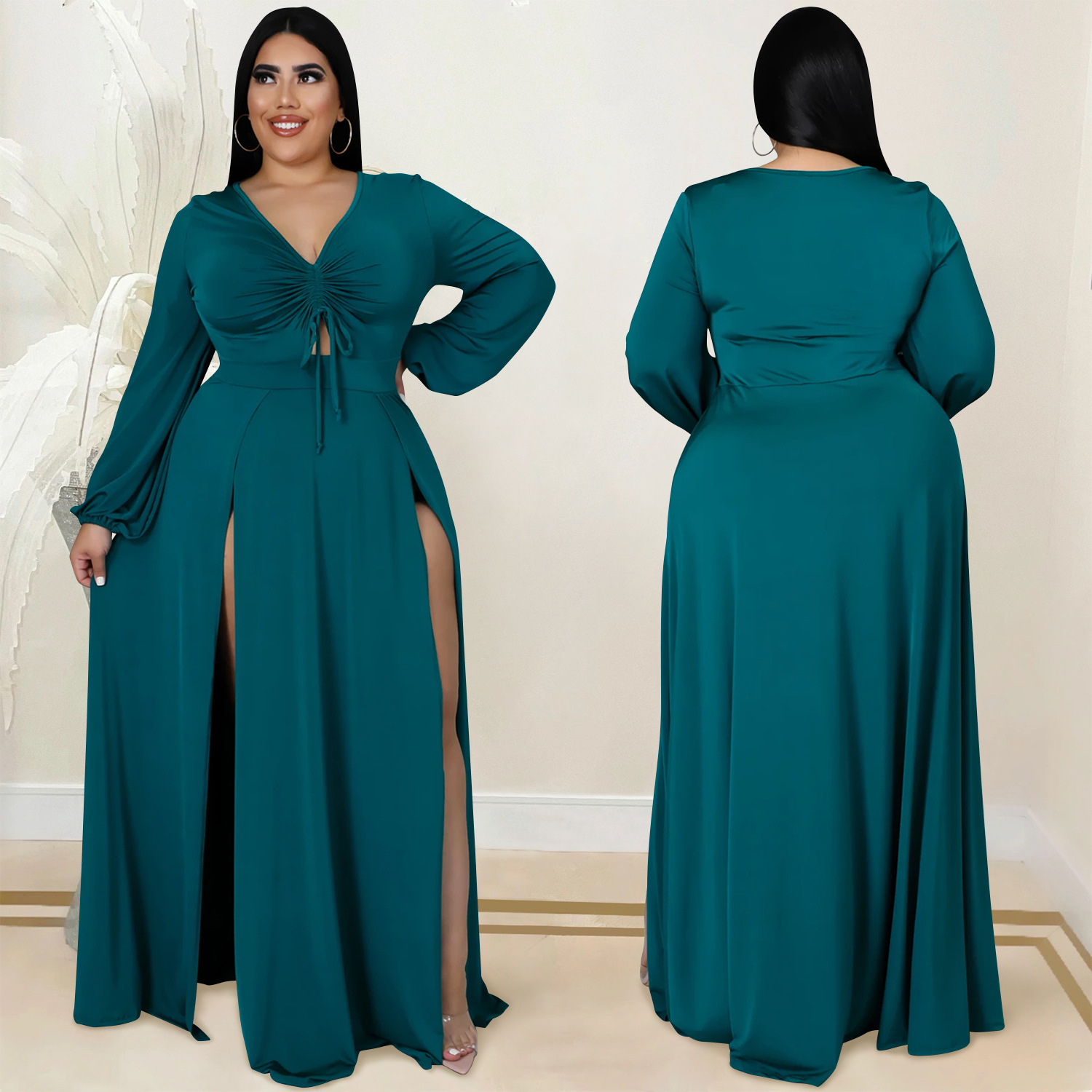 Solid Color Plus Size V-Neck Long-Sleeved Hollow Split Lace-Up Dress With-Separate-Panty NSXYZ110900