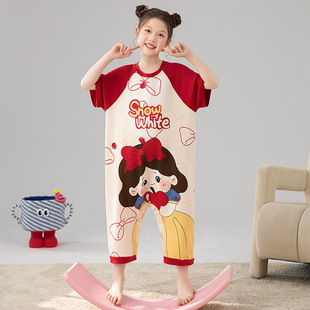 Mother-Daughter Jumpsuit Pajamas Summer Short-Sleeved Pure Cotton Air-Conditioned Cartoon Girl Baby Medium and Large Children Family Wear Thin