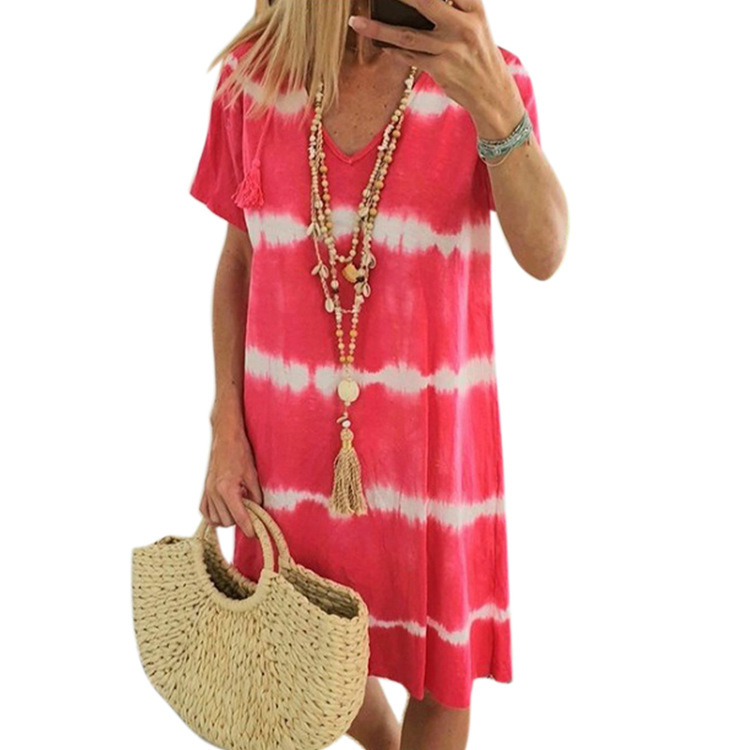 Walmart Cross-border Summer V-neck Striped Printed Tie-dye Short-sleeve Dress For Women In European_ecoleips.com