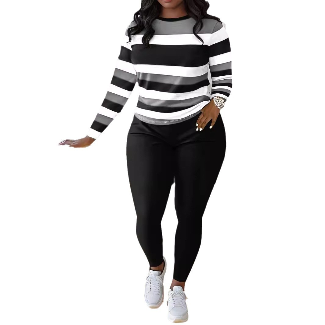 Women's Clothing Two piece Suit Long Sleeve Round Neck Striped Color Block T shirt Comfortable Sports_voghion.com
