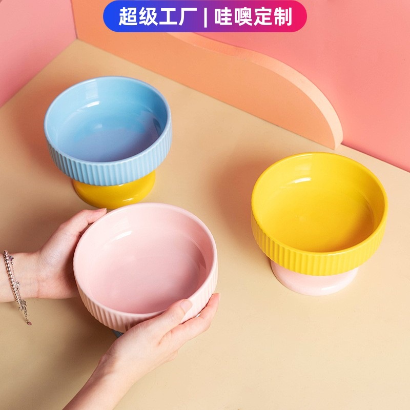 우와 사용자 지정 세라믹 애완 동물 그릇 높은 발 컵 그릇 세라믹 고양이 그릇 자궁 경부 척추 보호 큰 구경 높은 고양이 먹이 분지