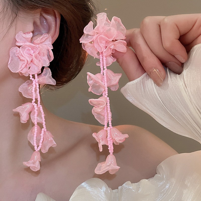 Aguja de plata flor rosa borla estilo vacaciones pendientes verano dulces y exquisitos pendientes pequeños pendientes de diseño fresco mujeres