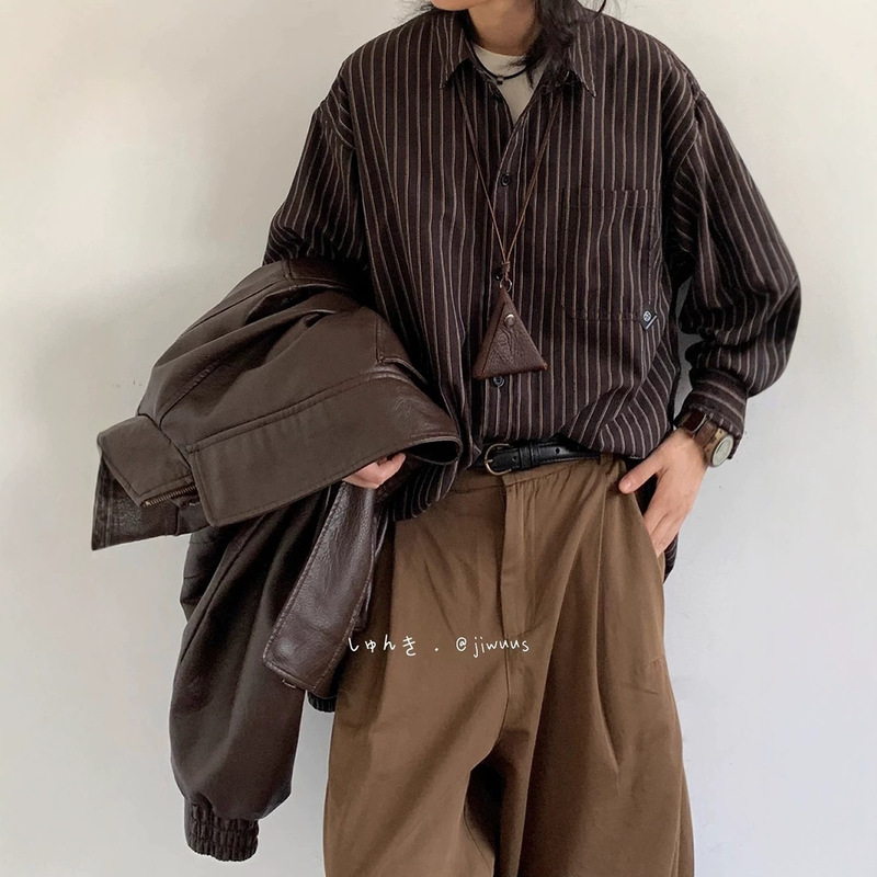 Japanese Retro Niche Striped Long-Sleeve Shirt for Men, Spring and Autumn College American Boyfriend Style Loose Shirt Top Japanese Retro Niche Striped Long-Sleeve Shirt for Men, Spring and Autumn College American Boyfriend Style Loose Shirt Top