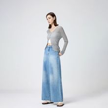 复古蓝高腰阔腿牛仔裤女2025年秋新款显瘦宽松直筒拖地微喇九分裤