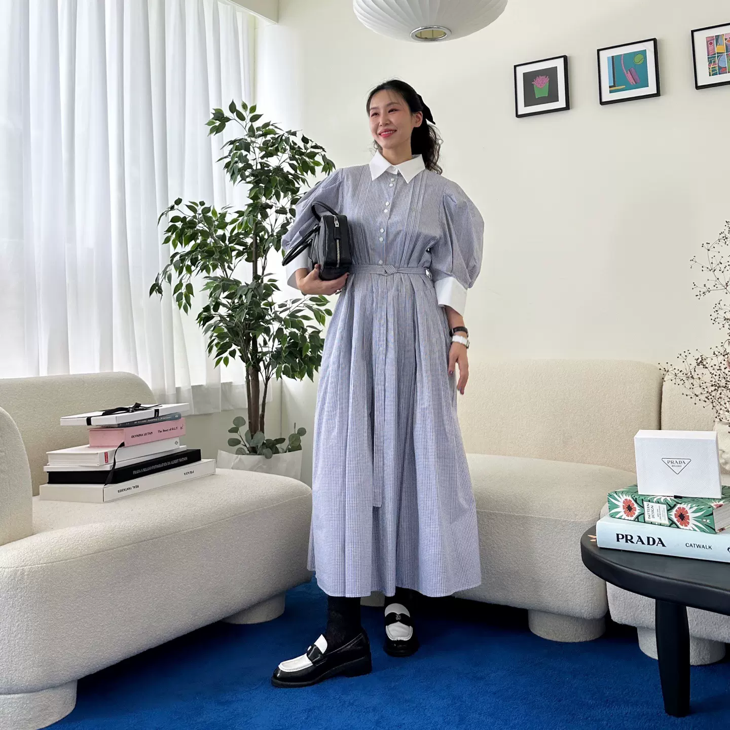 外贸日韩秋冬新款藏肉显瘦慵懒范十足撞色领子条纹衬衫连衣裙长裙