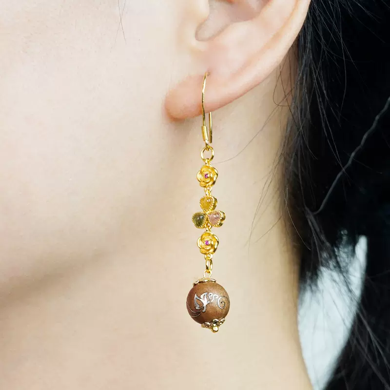 老山檀香手工镶银蝶恋花必喜耳环汉服配饰耳饰轻奢高级感S925耳钩