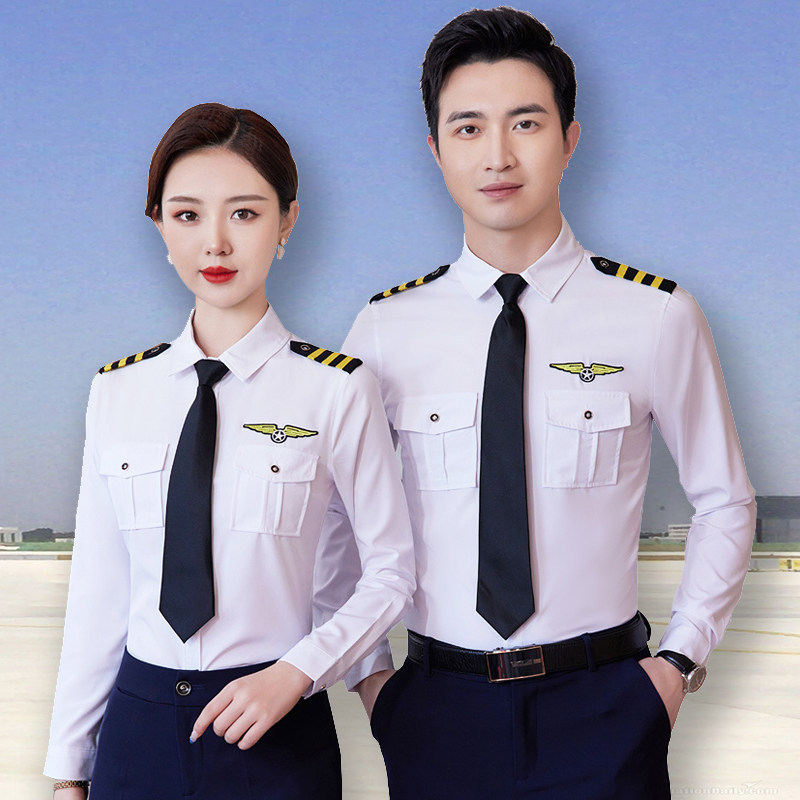 Cross-Border White Shirt Stewardess Uniform for Women 2025 Spring and Autumn Flight Attendant Pilot Workwear Band Drum Performance Costume