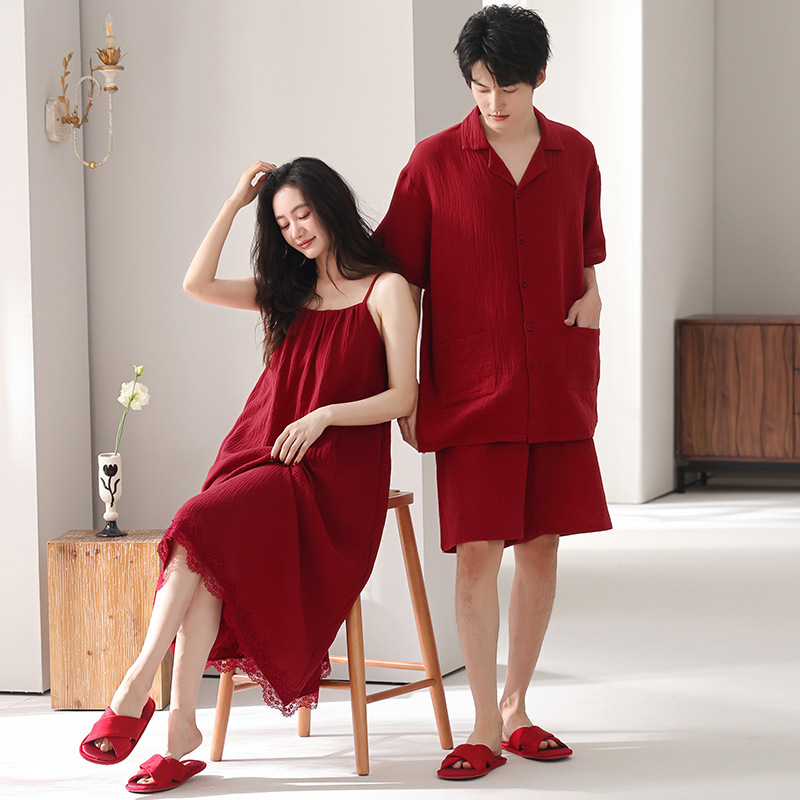 Summer Chinese Style Trendy Red Pure Cotton Couple's Pajamas Short-Sleeve Shorts Breathable Cotton Gauze Wedding Home Wear for Men and Women