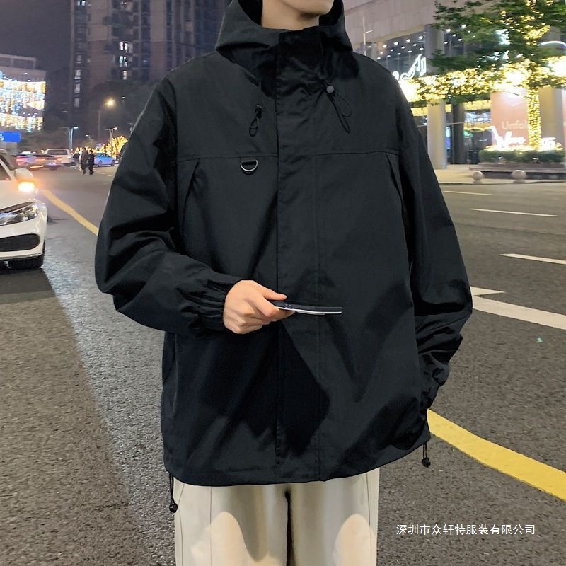 港风连帽冲锋衣男款春秋季防水休闲机能风工装夹克时尚百搭外套