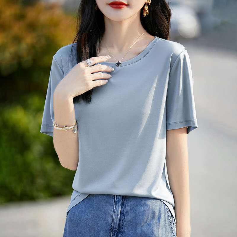 Triacetate T-Shirt 2025 Summer New Women's Round Neck Pure Color Top Korean Style Loose Slimming Look Short-Sleeved Style