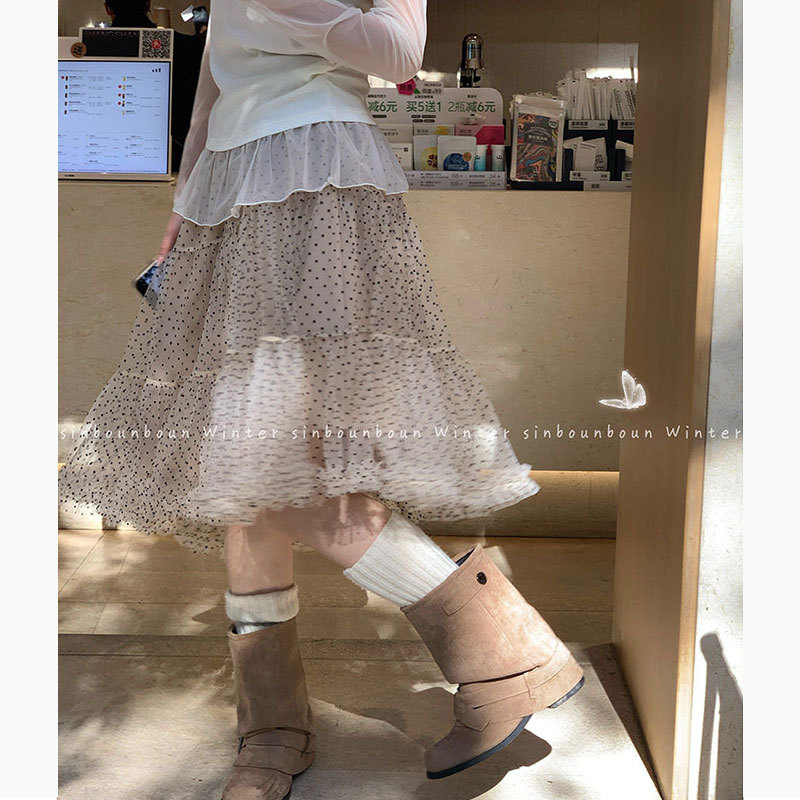 H1399复古波点网纱半身裙女春夏2026新款不规则层次感高腰A字短裙