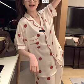 METWO法式轻奢波点冰丝睡衣女士夏季薄款短袖长裤家居服套装开衫