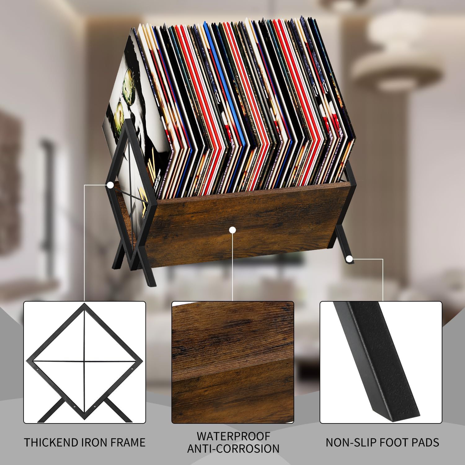 Estante de discos de vinilo de madera maciza transfronteriza madera forjada combinada con estante de almacenamiento de CD Estante de almacenamiento de discos de madera de gran capacidad