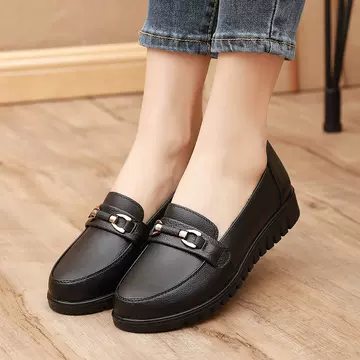 Mother Shoes Spring and Autumn Leather Shoes Leather Soft Sole Non-slip Middle-aged and Elderly Women's Single Shoes Flat Sole Work Comfortable Work Black - ShopShipShake