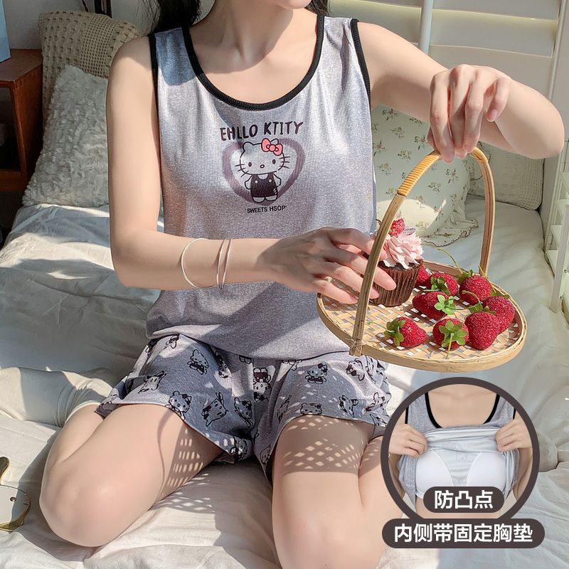 Conjunto de Pijama de Chaleco y Shorts de Seda de Hielo con Almohadillas para el Pecho, Seda Sintética, para Hogar