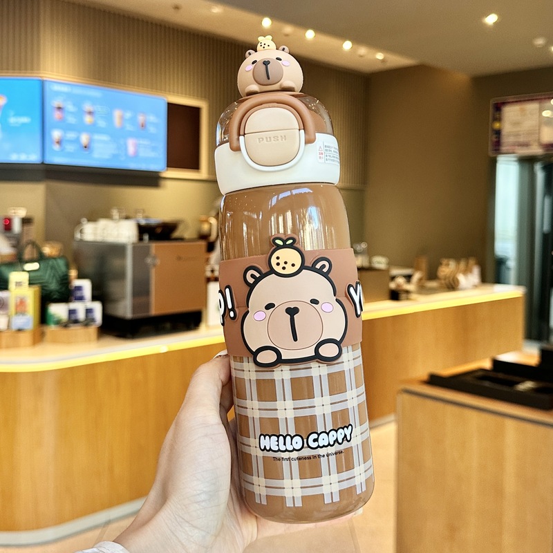 卡皮巴拉保温杯可爱儿童吸管杯上学专用316不锈钢防摔斜跨大肚杯|undefined