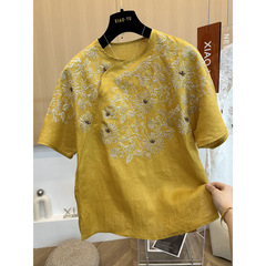 ハイエンドヨーロッパ夏の新しいスタイルのハイエンドファッション重工業国民風刺繍純粋なラミーラウンドネック半袖シャツトップス女性用