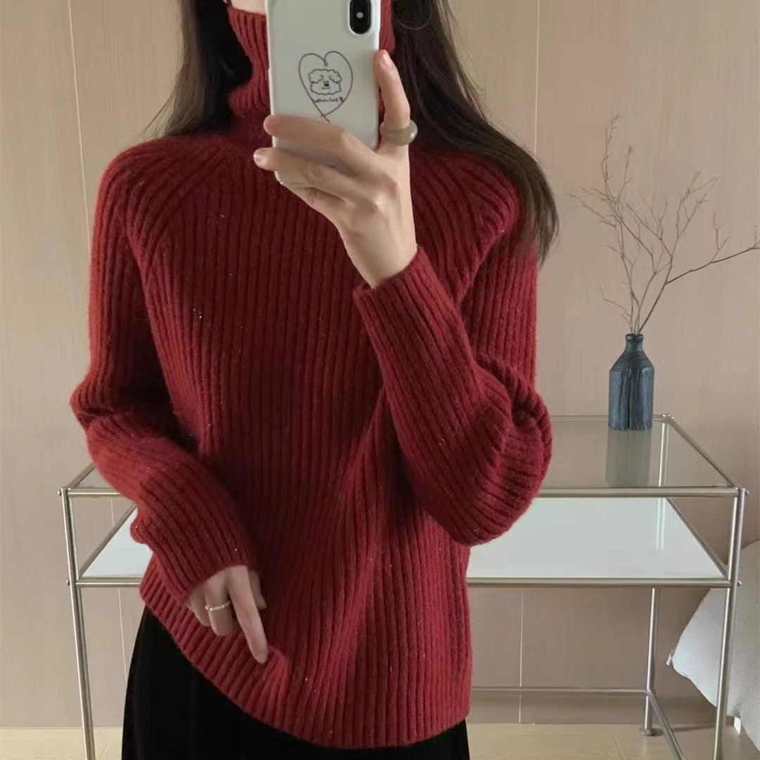 Viento perezoso cuello alto agujero delgado suéter de seda brillante diseño de color sólido delgado camiseta de punto de fondo de invierno de otoño chaqueta