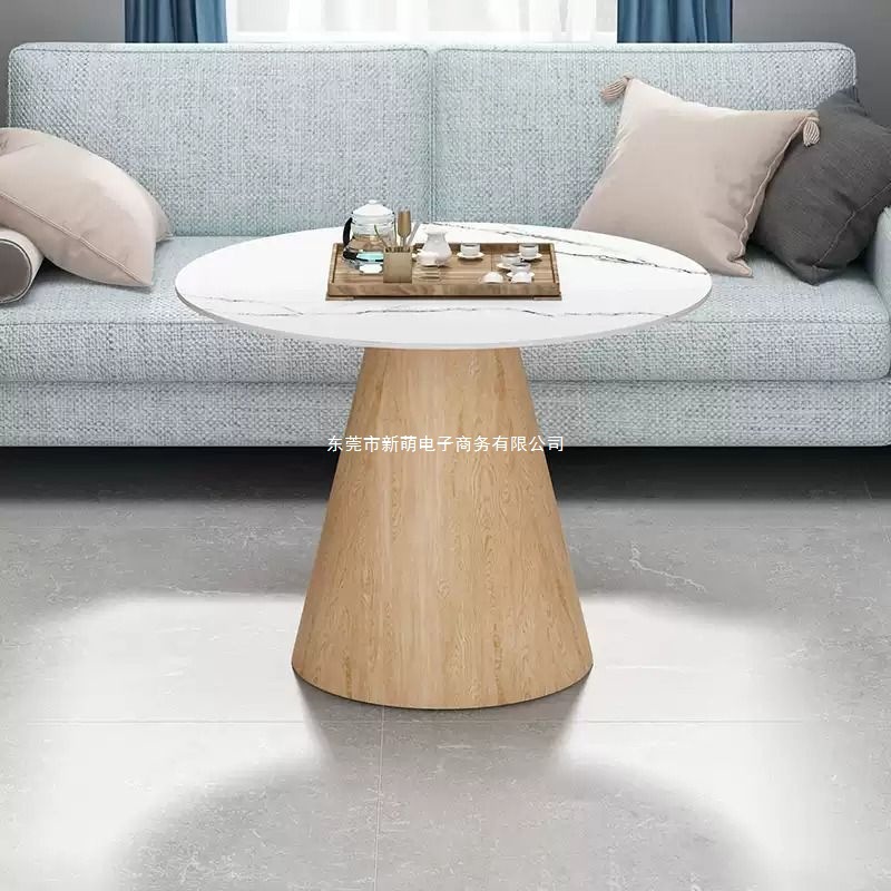 Natural Wood Color Small Round Table for Guest Rooms, Library Leisure Areas, and Reception Areas; Adjustable Height Round Coffee Table with a Stone Top