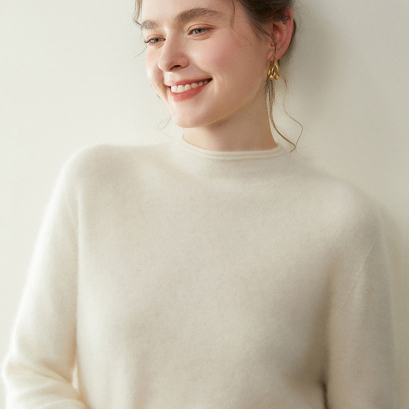 One-Line Ready-To-Wear Half Turtleneck Cashmere Sweater Women's Pullover Sweater Knitted Bottoming Sweater Pure Color Loose Wool Sweater Top
