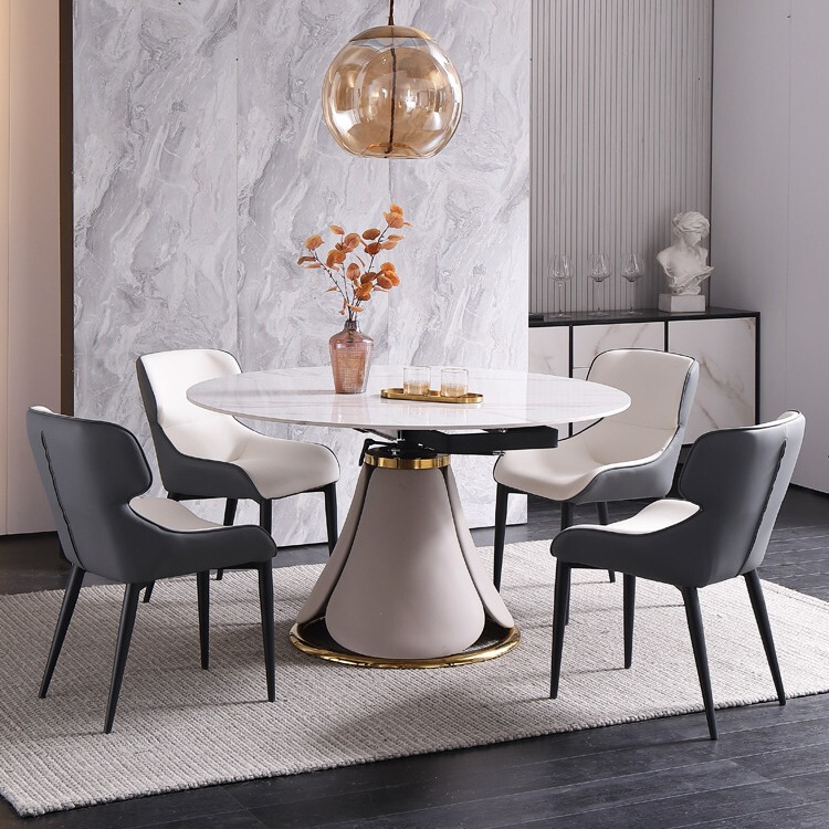 Italian Light Luxury Rock Plate Dining Table and Chair Combination Telescopic Rotating Household Small Apartment Square and Round Dual-purpose Dining Table Variable Round Table