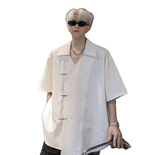 Modern Chinese-style national wind short-sleeve shirt for men, summer thin version, cool handsome texture pattern, shoulder pad, loose turnover collar, half-sleeve shirt