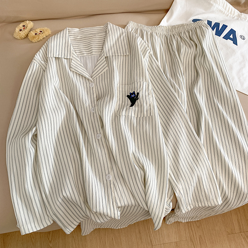 Ins Little Black Cat Couple Pajamas 2025 New Spring and Autum Long-Sleeved Pants Cloud Cotton Cartoon Boys Home Clothes