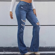 外贸欧美跨境女式新款时尚设计破洞猫须磨白弹力中腰喇叭牛仔裤