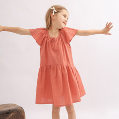 Summer New Style Sleeveless Belted Pullover Dress for Girls, Rust Red Ramie Cotton Sand Wash Princess Dress for Baby Girls