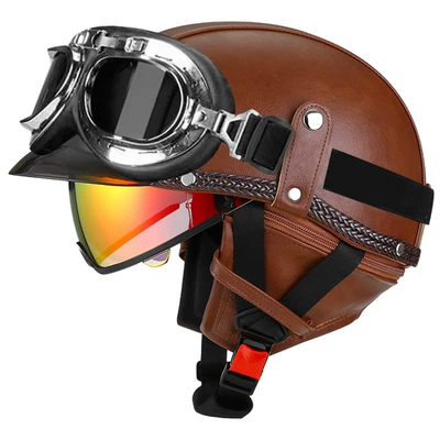 Motosiklet kaskı (dəbilqə) – car helmet Japanese scoop helmet - brown-leather-aurora-red-mirror-silver-frame-mirror-m