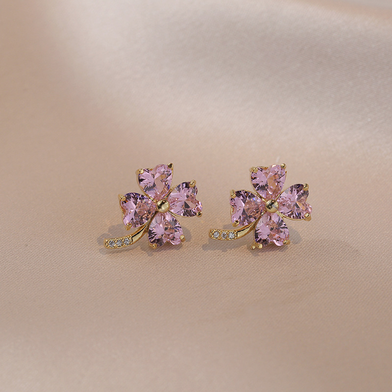 Inlay Design Casual Simple Style Four Leaf Clover Heart Shape Titanium Steel Inlay Zircon Earrings Necklace