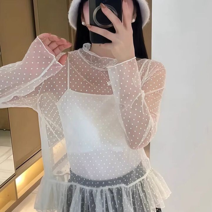 Korean-Style High-Neck Polka-Dot Long-Sleeve Lace Shirt for Women, Niche Ruffled Layered Sheer Top