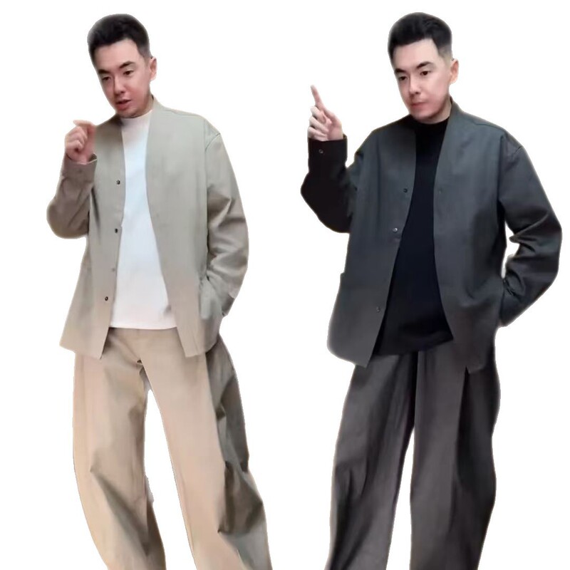 【高品质】时尚百搭潮流轻奢致雅亲肤V领长袖衬衫极简无领道袍套|undefined